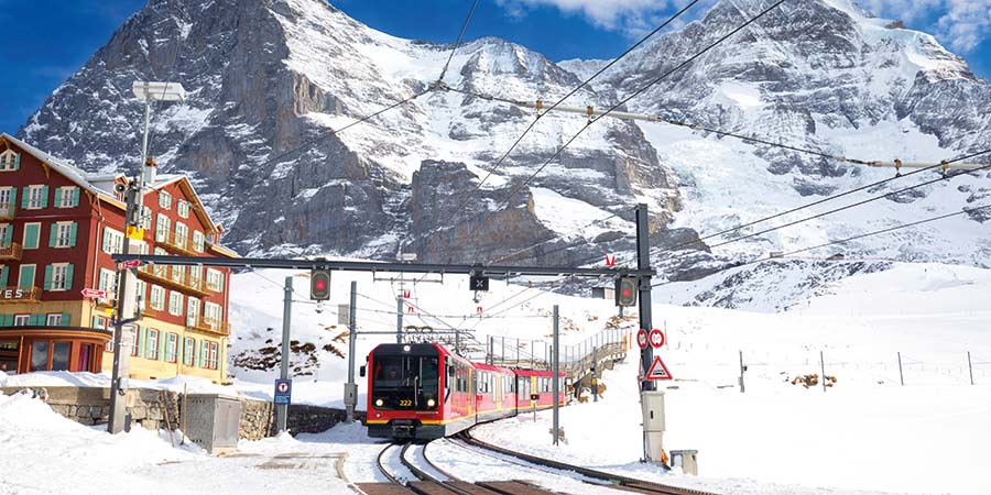 The Jungfrau Express travels through the swiss alps. 